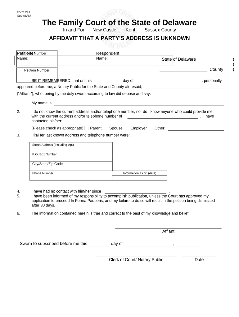 Affidavit that a Party's Address is Unknown Delaware  Form