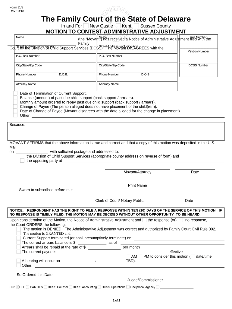 Motion to Contest an Administrative Adjustment Delaware  Form