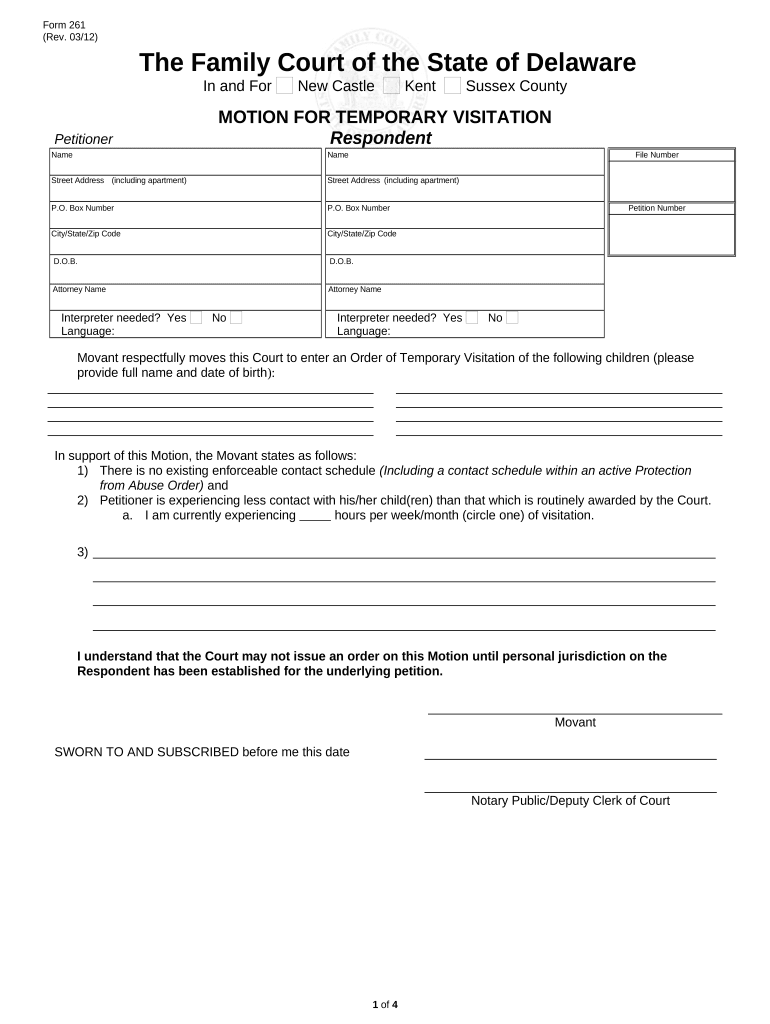 Motion for Temporary Visitation Delaware  Form