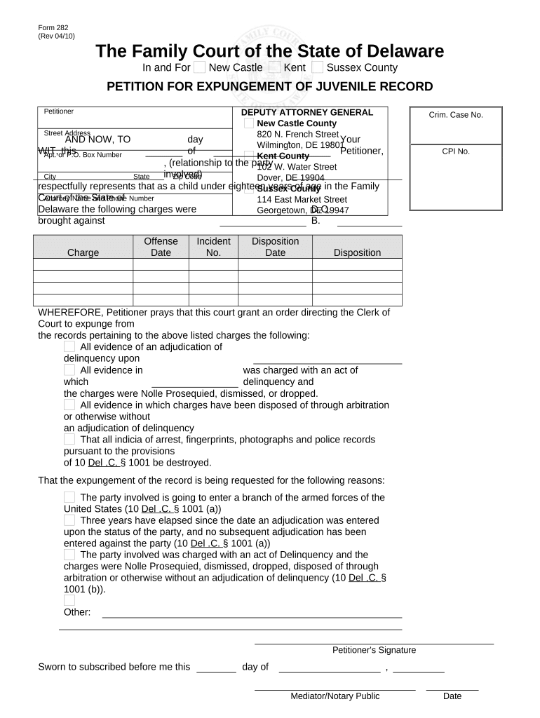 Petition for Expungement of Juvenile Record Delaware  Form