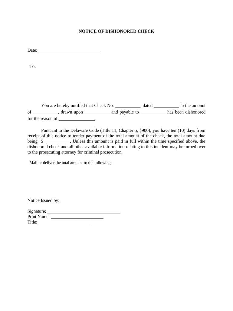 Notice of Dishonored Check Criminal Keywords Bad Check, Bounced Check Delaware  Form