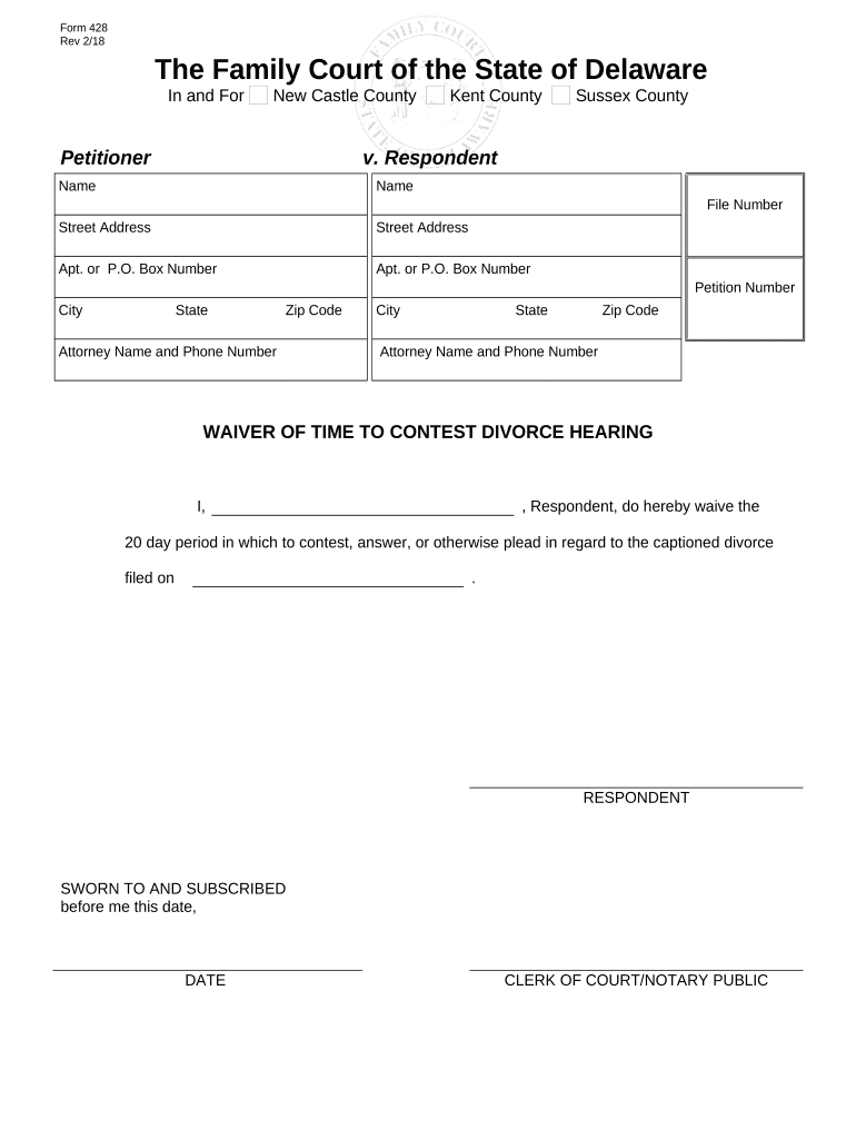 Waiver of Time to Contest Divorce Hearing Delaware  Form