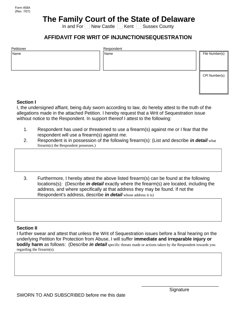 Affidavit for Writ of Injunction Sequestration Delaware  Form