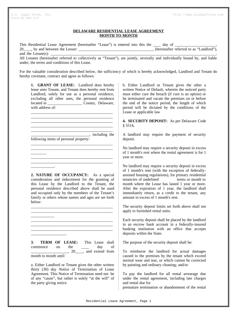 Residential Lease or Rental Agreement for Month to Month Delaware  Form