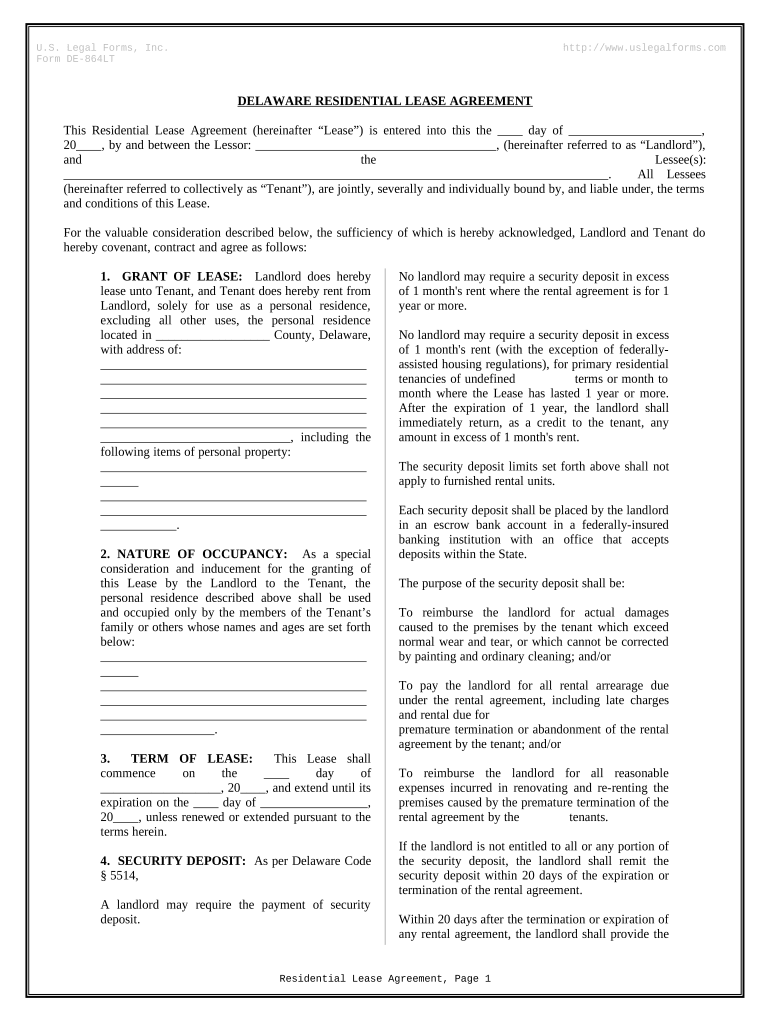 Residential Rental Lease Agreement Delaware  Form