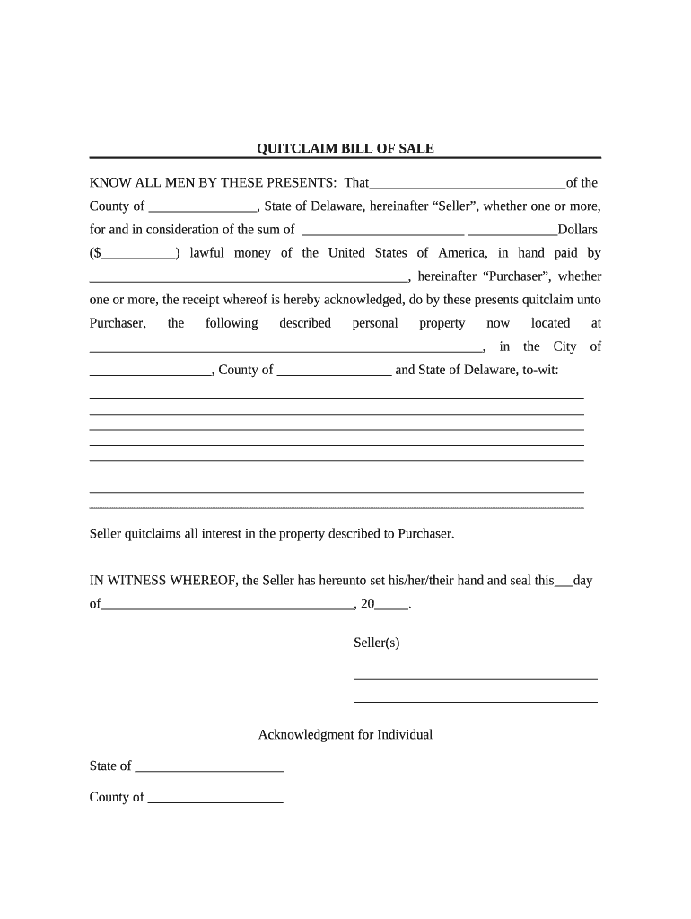 Bill of Sale Without Warranty by Individual Seller Delaware  Form