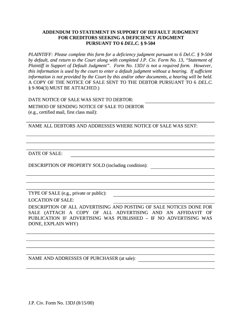 Optional Form for Creditors Seeking a Deficiency Default Judgment Delaware