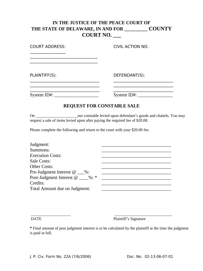 Request for a Constable Sale Delaware  Form