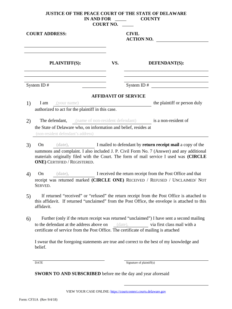 Affidavit of Service Delaware  Form