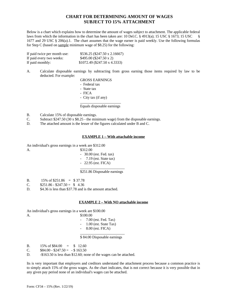 Chart for Determining Amount of Wages Subject to Attachment Garnishment 15% Delaware  Form