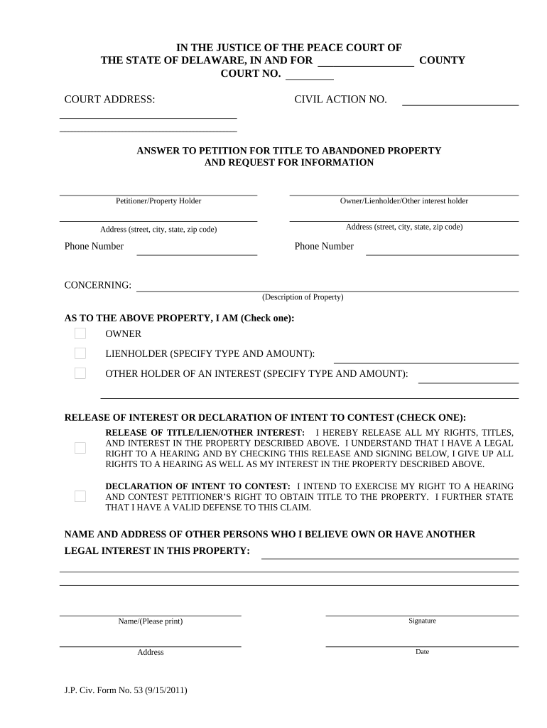 Answer to Petition Delaware  Form
