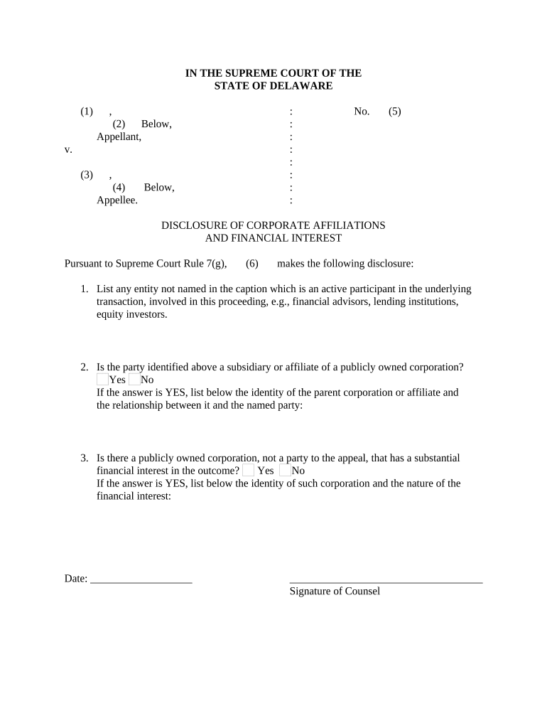 Disclosure of Corporate Affiliations and Financial Interest Delaware  Form