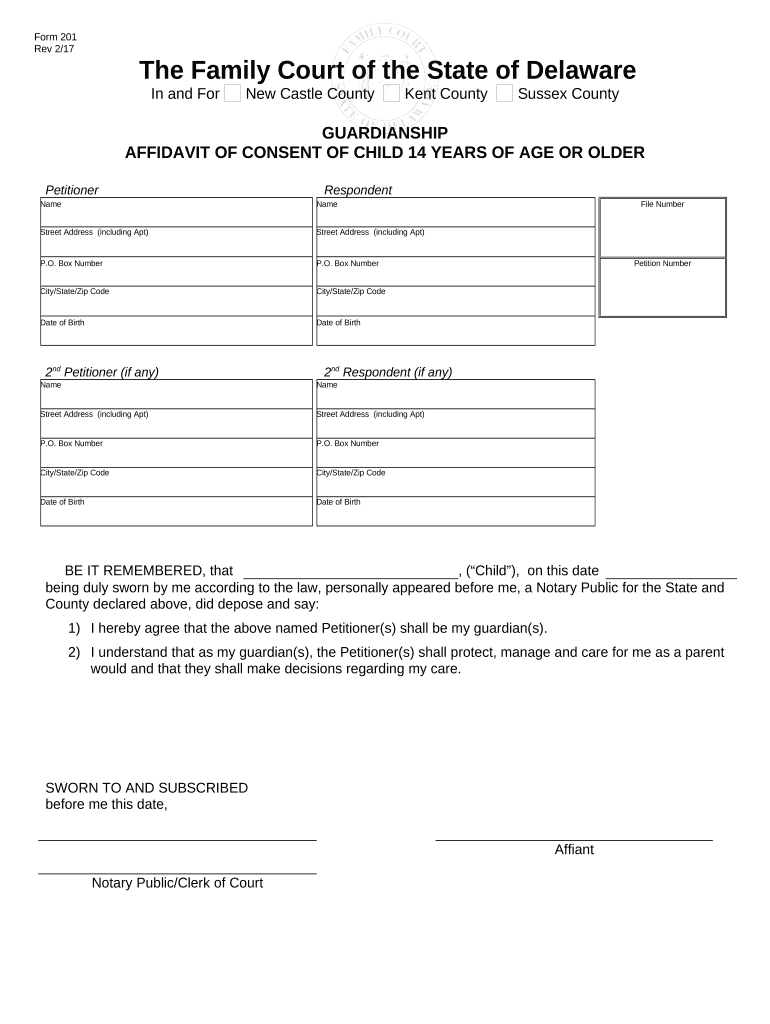 Affidavit of Consent of Child 14 Years or Older Delaware  Form