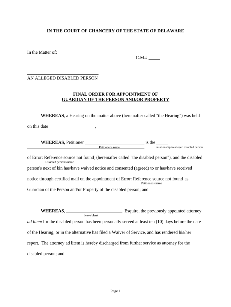Final Order for Appointment of Guardian of the Person Andor Property Accountings Waived Delaware  Form