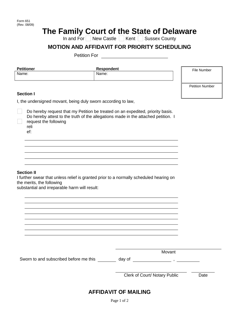 Motion and Affidavit for Priority Scheduling Delaware  Form