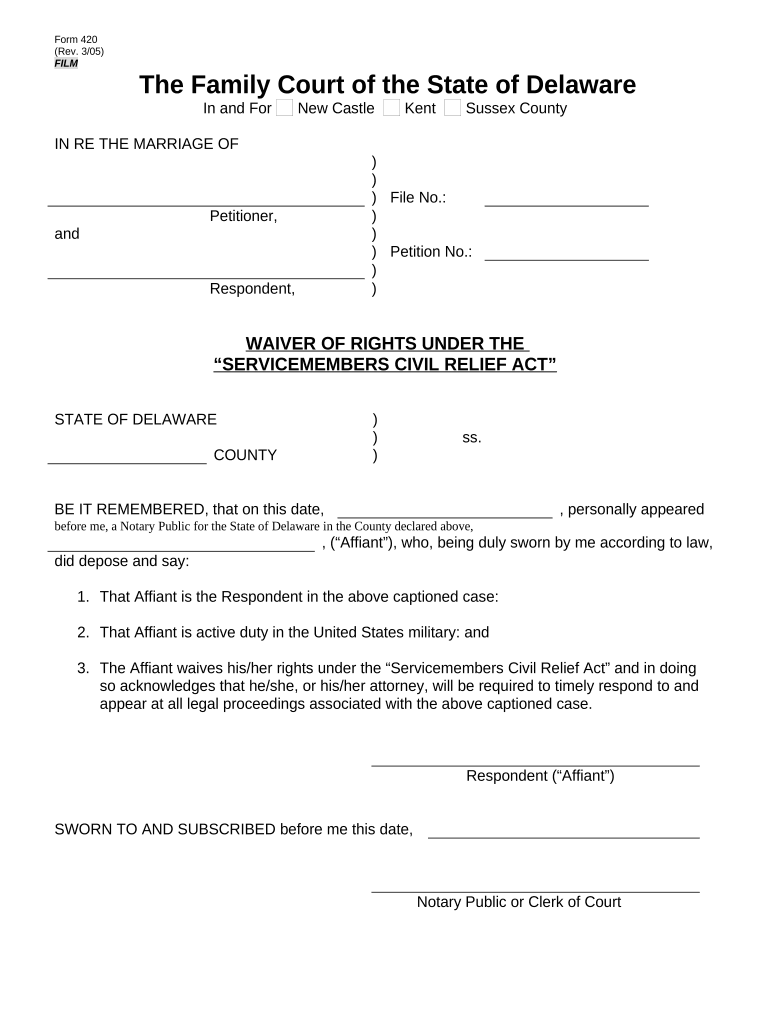 Waiver of Rights under the &quot;Servicemembers Civil Relief Act&quot; Delaware  Form