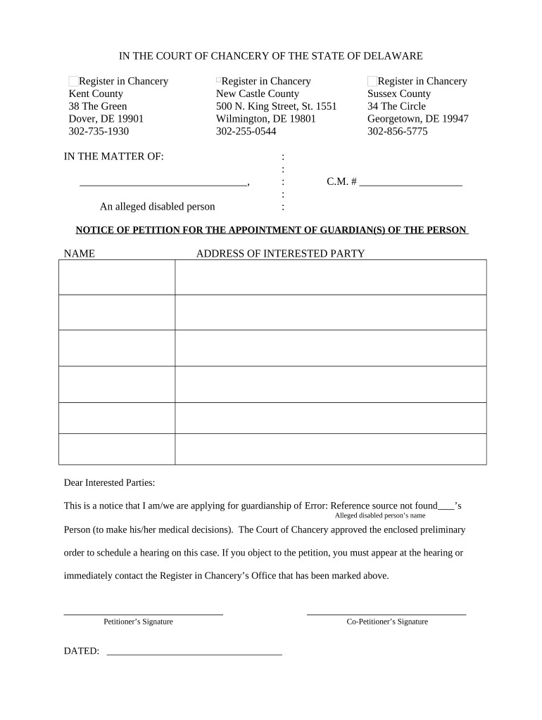 Notice of Petition for Appointment of Guardians of the Person Delaware  Form