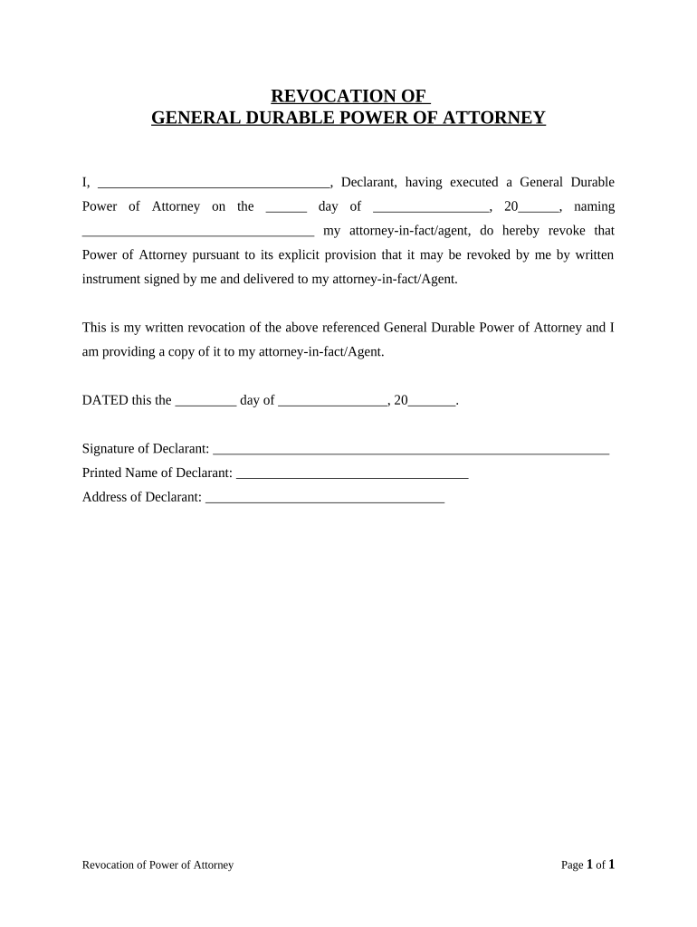 Revocation of General Durable Power of Attorney Delaware  Form