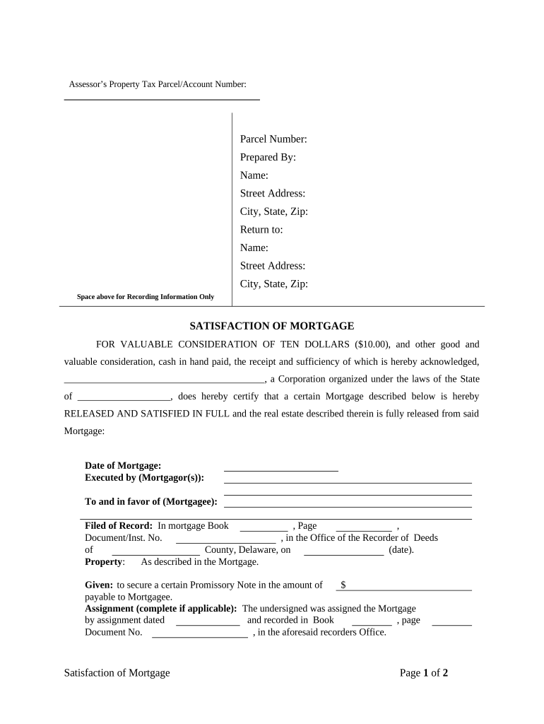 Satisfaction, Release or Cancellation of Mortgage by Corporation Delaware  Form