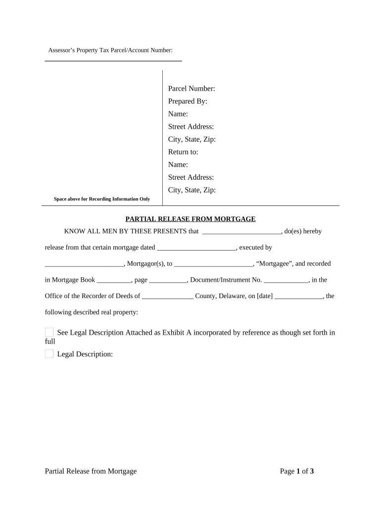 Partial Release of Property from Mortgage by Individual Holder Delaware  Form