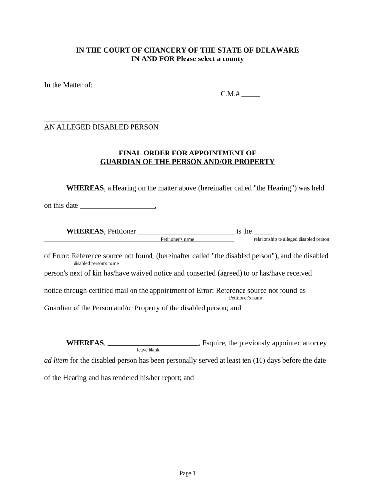 Final Order Guardianship Delaware  Form