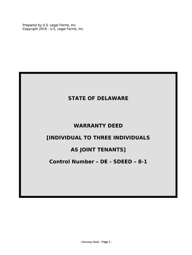 Warranty Deed from Individual to Three Individuals as Joint Tenants Delaware  Form