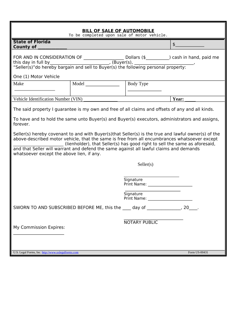 Bill of Sale of Automobile and Odometer Statement Florida  Form
