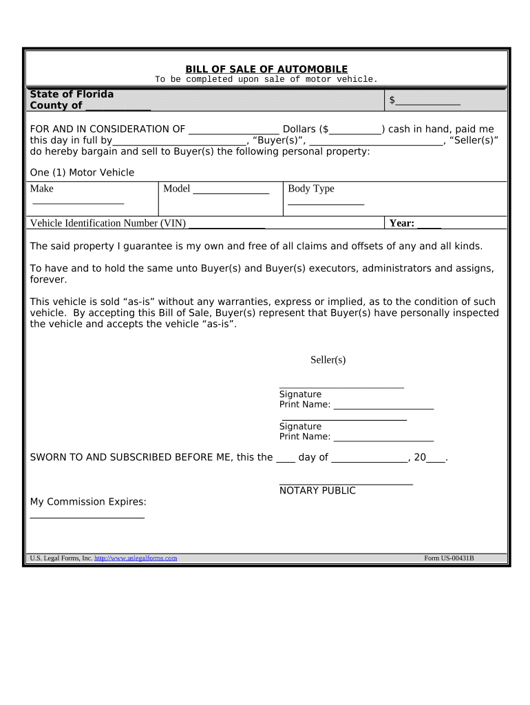 Bill of Sale of Automobile and Odometer Statement for as is Sale Florida  Form