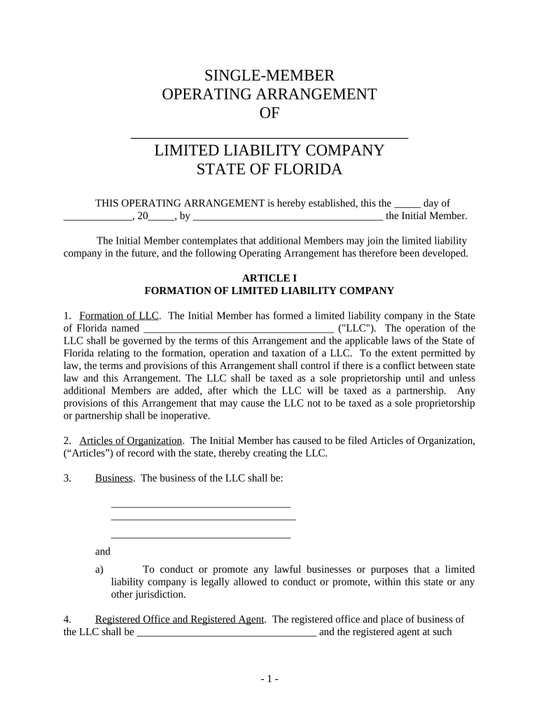 Single Member Limited Liability Company LLC Operating Agreement Florida  Form
