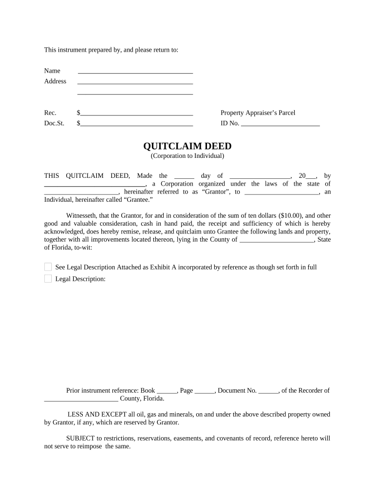 Quitclaim Deed from Corporation to Individual Florida  Form