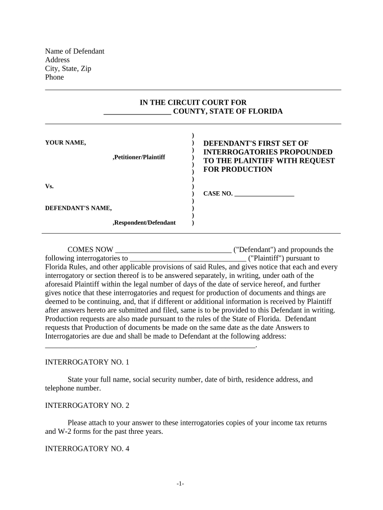 Discovery Interrogatories from Defendant to Plaintiff with Production Requests Florida  Form