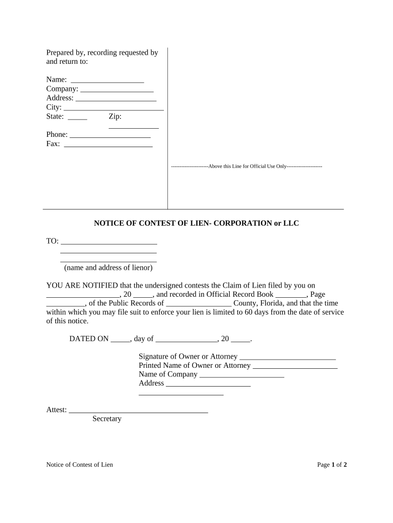 Florida Notice Contest Lien  Form