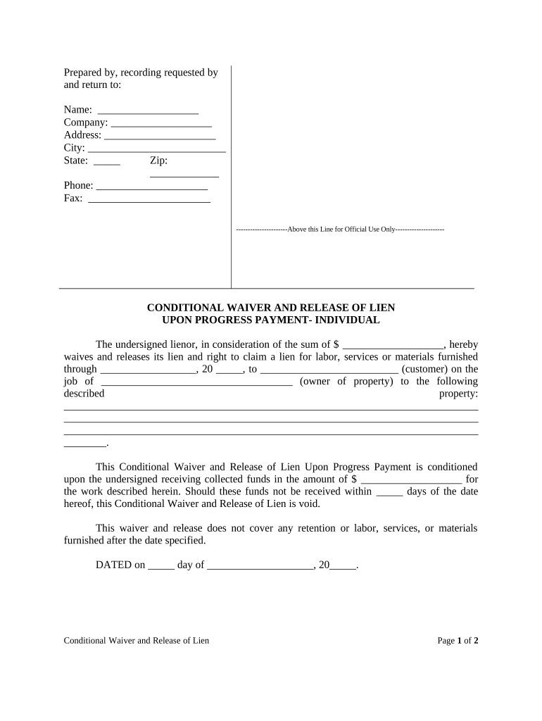 Conditional Partial Release and Waiver of Lien Form Construction Mechanic Liens Individual Florida