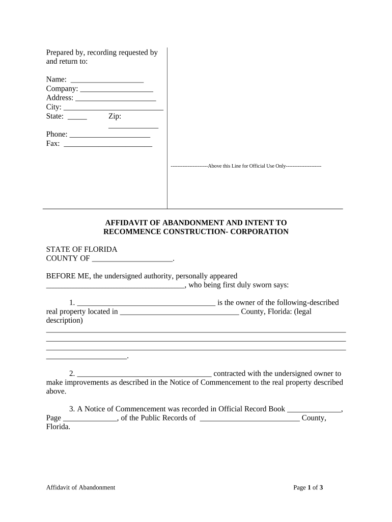 Affidavit of Abandonment and Intent to Recommence Construction Form Mechanic Liens Corporation or LLC Florida