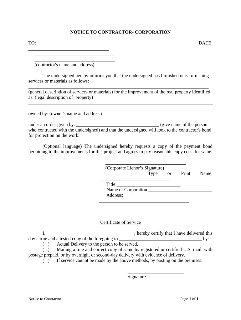 Florida Notice Contractor  Form