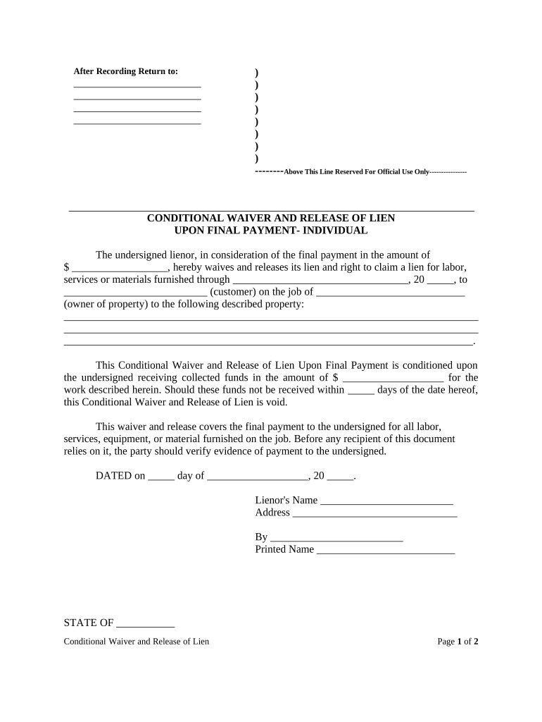 Conditional Waiver Lien  Form