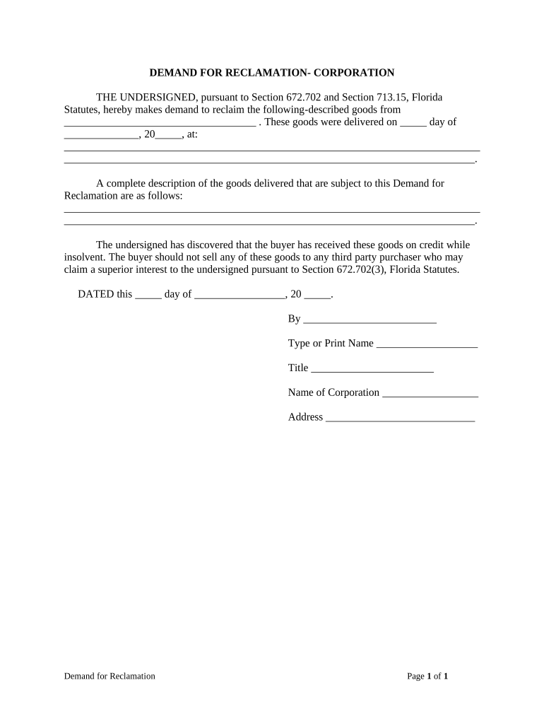 Demand for Reclamation Form Construction Mechanic Liens Corporation or LLC Florida