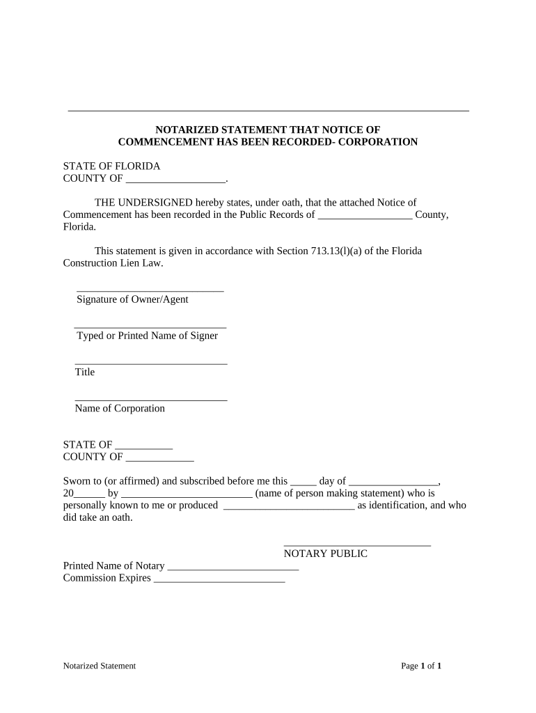 Florida Notarized Statement  Form