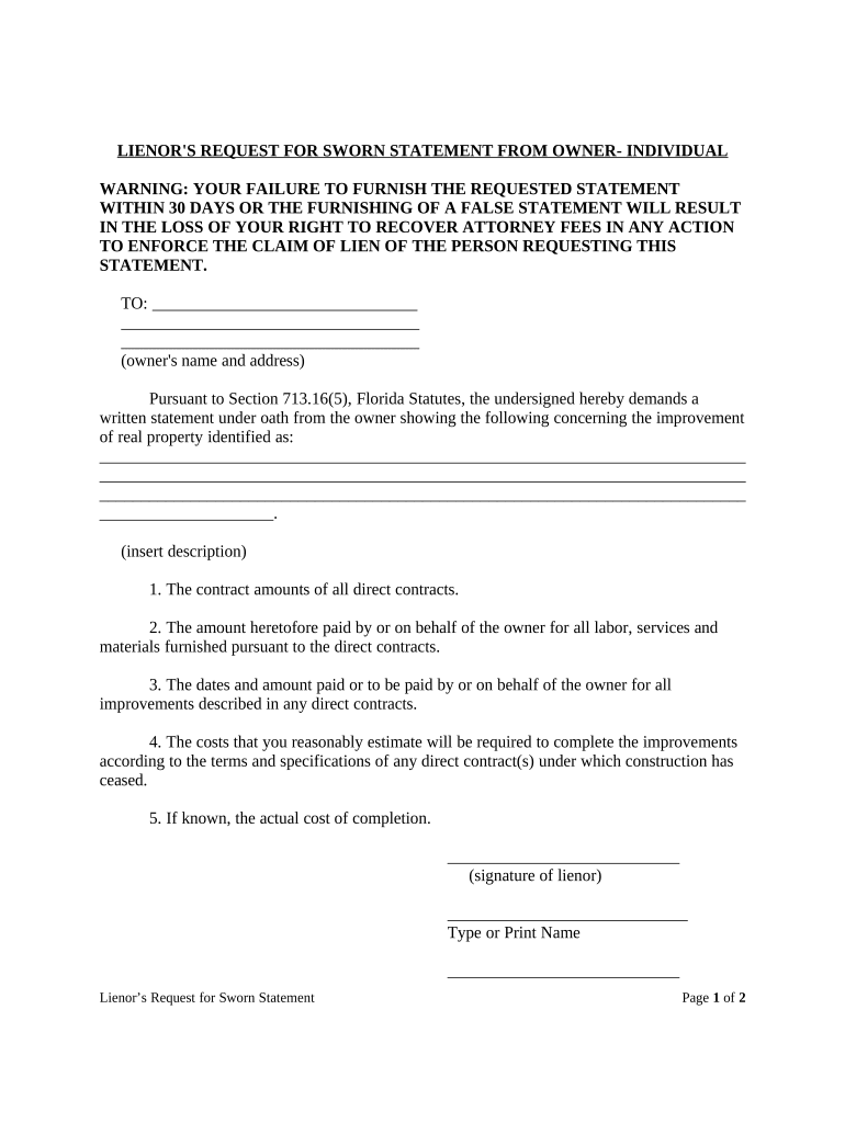 Florida Sworn Statement  Form