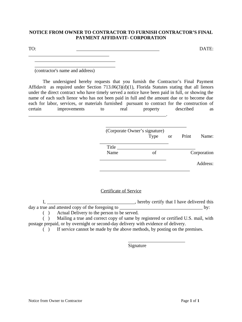 Florida Notice Contractor  Form