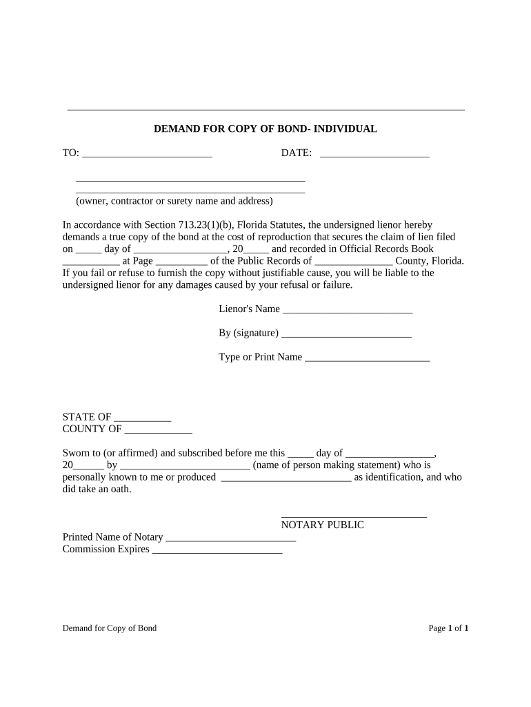 Demand for Copy of Bond Individual Florida  Form