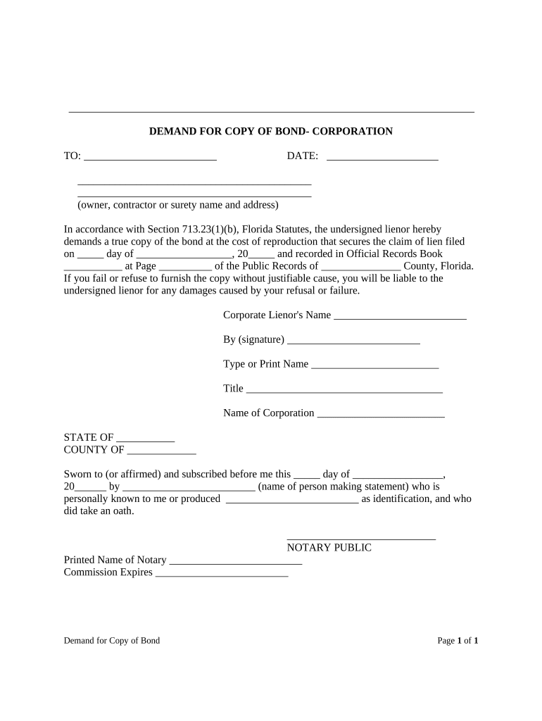 Demand for Copy of Bond Corporation or LLC Florida  Form