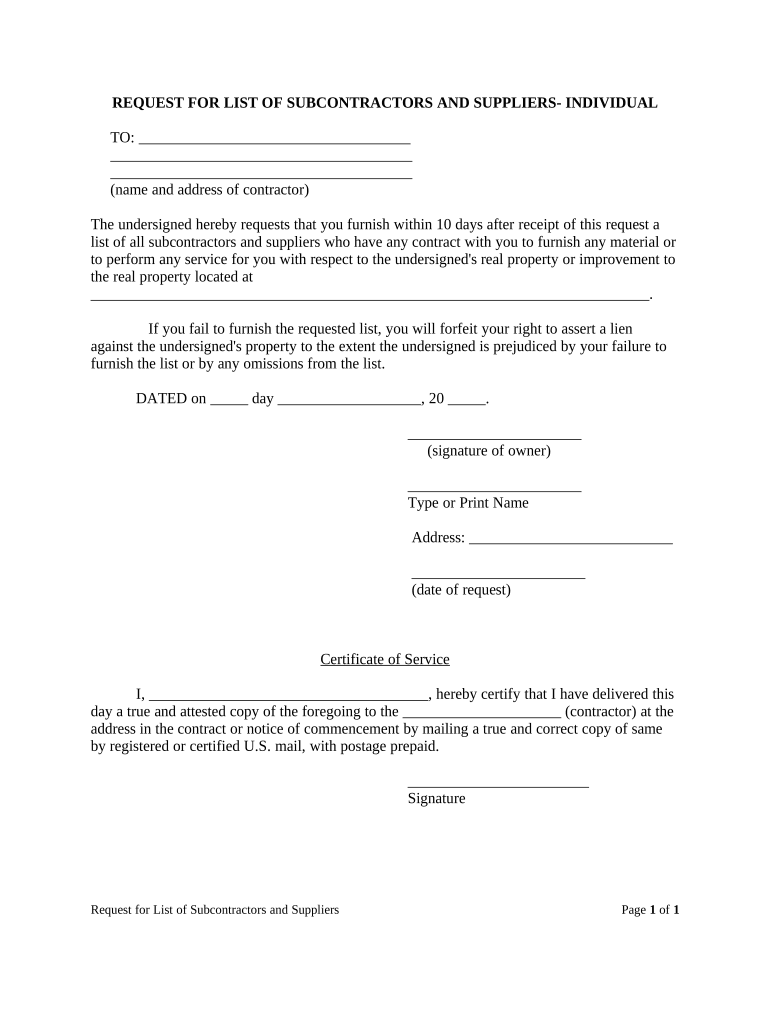 Request for List of Subcontractors and Suppliers Individual Florida  Form
