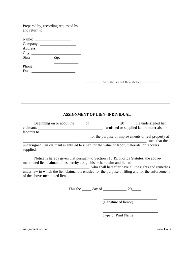 Assignment of Lien Individual Florida  Form