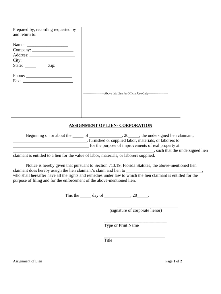 Assignment of Lien Corporation or LLC Florida  Form