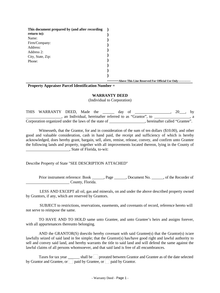 Warranty Deed from Individual to Corporation Florida  Form