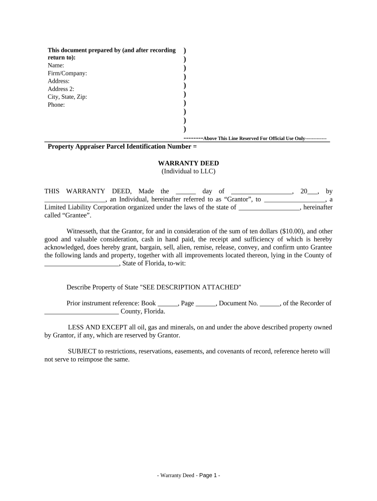 Warranty Deed from Individual to LLC Florida  Form