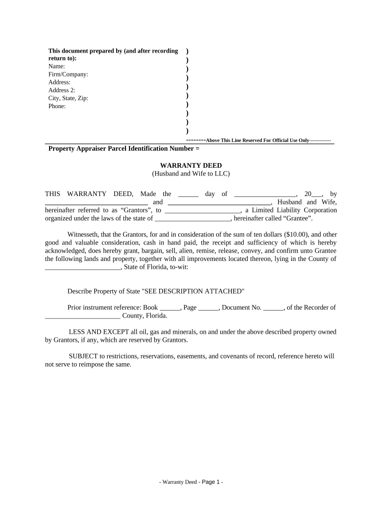 Warranty Deed from Husband and Wife to LLC Florida  Form