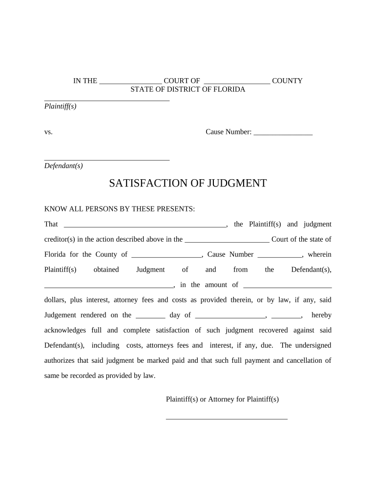 Florida Satisfaction Judgment  Form