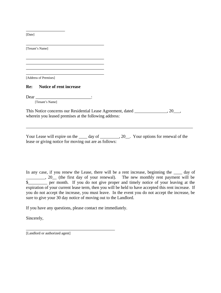 Tenant Increase Rent  Form